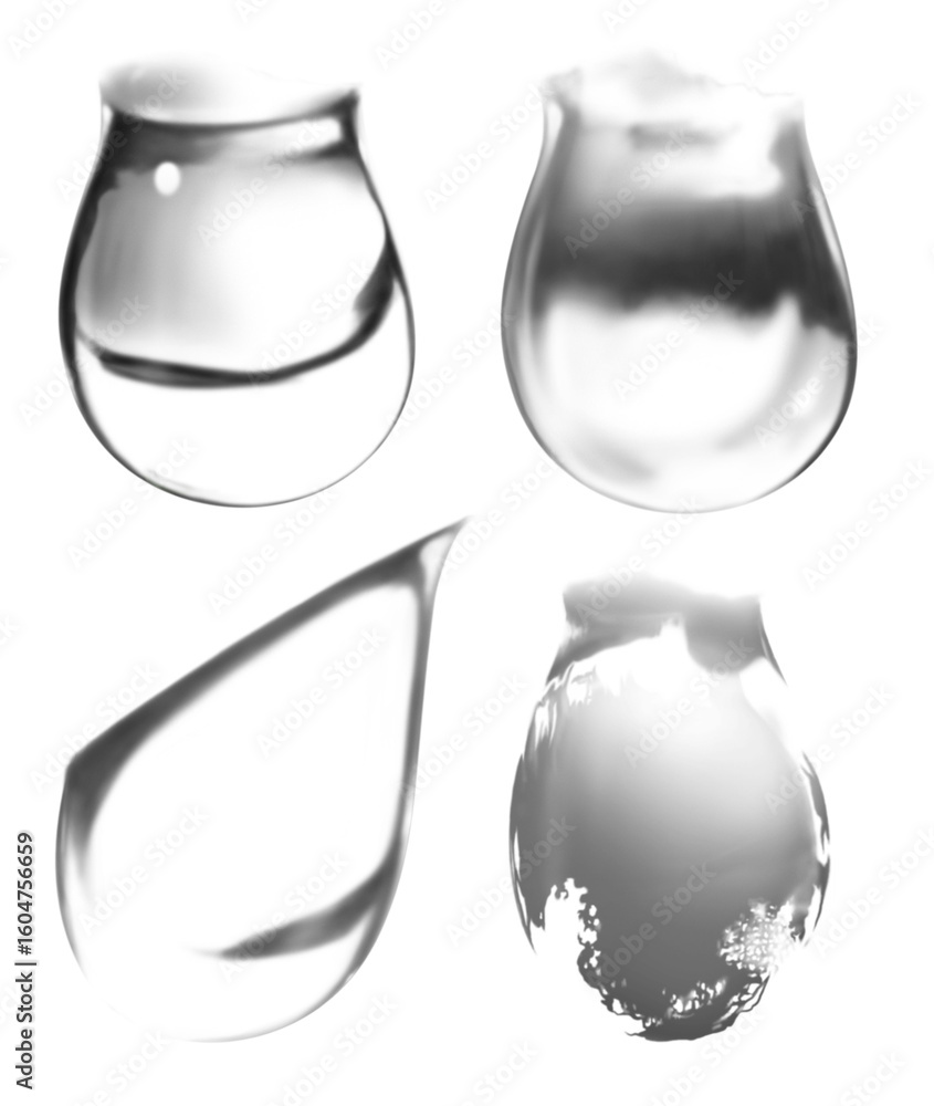 Poster four clear liquid drops with unique shapes and reflections isolated on transparent background
