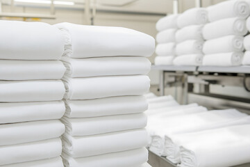 Stacks of neatly folded white linens present a picture of freshness and cleanliness. The crisp folds and bright white fabric evoke comfort.