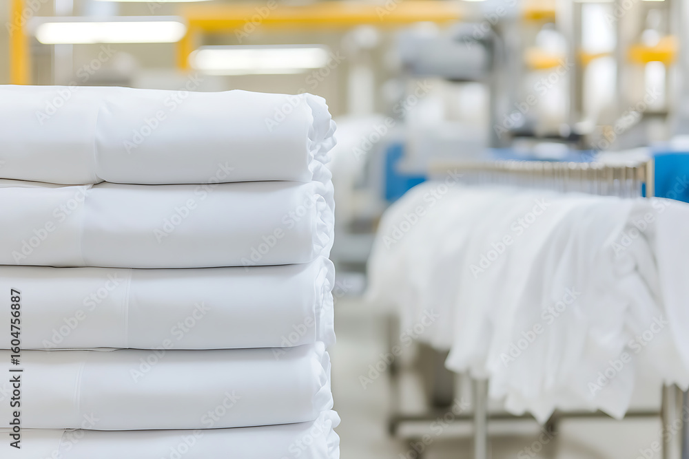 Poster neatly stacked white fabric in an industrial setting, emphasizing cleanliness and organization. text