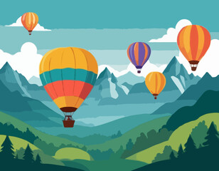 Hot Air Balloon Vector Illustration with Colorful Balloons Flying over Mountains and Forest Landscape for Travel Agency Website Headers and Adventure Tourism Promotion.