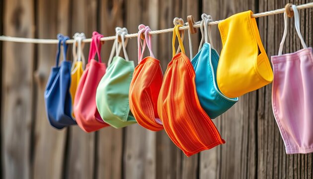 Colorful homemade cotton face masks drying on a rustic clothesline, laundry, clothesline