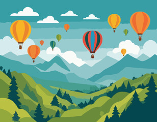Hot Air Balloon Vector Illustration with Colorful Balloons Flying over Mountains and Forest Landscape for Travel Agency Website Headers and Adventure Tourism Promotion.