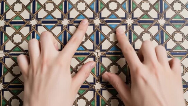 Hands Exploring Intricate Ornate Tilework Design