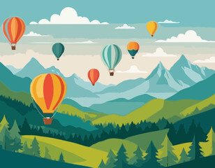 Hot Air Balloon Vector Illustration with Colorful Balloons Flying over Mountains and Forest Landscape for Travel Agency Website Headers and Adventure Tourism Promotion.