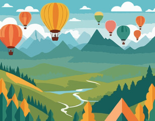Fototapeta premium Hot Air Balloon Vector Illustration with Colorful Balloons Flying over Mountains and Forest Landscape for Travel Agency Website Headers and Adventure Tourism Promotion.