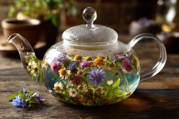 Glass teapot filled with colorful flowers and herbs, steaming