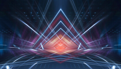 Abstract bright neon background scene with rays, spotlights, multi-colored background.
