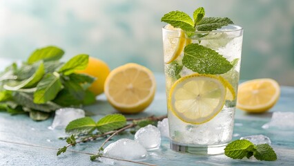 Fototapeta premium Citrus Mint Refresh – Zesty Aroma and Cool Hydration Appeal, Beverage, Conceptual, Lemon, Mint, Ice, Summer