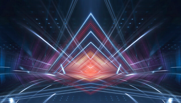 Abstract bright neon background scene with rays, spotlights, multi-colored background.