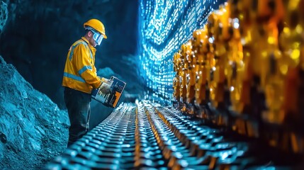 A worker in a yellow hard hat and protective gear stands in a dark, industrial setting, holding a piece of equipment, with a glowing, illuminated structure in the background.