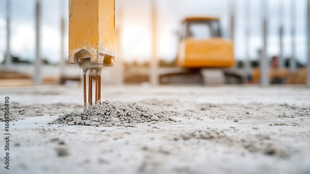 Poster pile driver testing concrete foundation with a yellow construction vehicle in the background. under 