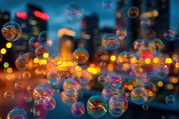Colorful soap bubbles float over a city skyline at night