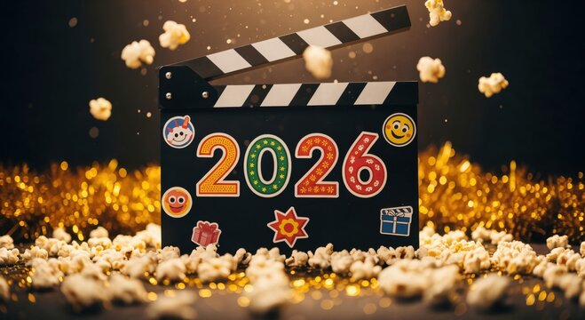2026. Movie clapperboard with popcorn and festive gold decorations for a New Year cinema celebration.