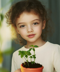 Close-up portrait of a young girl with curly hair holding a potted plant. Soft natural lighting and greenery create an ecological and nurturing atmosphere. 