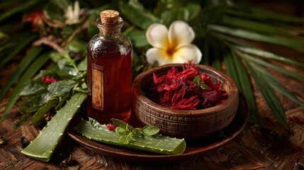 Herbal oil, aloe, dried flowers