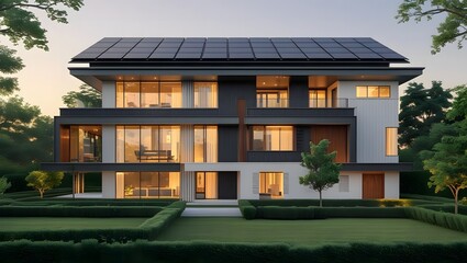 Fototapeta premium Modern luxury home with solar panels and manicured gardens at dusk