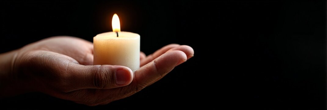 Open hands gently cradling a small, lit candle against a dark backdrop evoke a powerful sense of hope, remembrance, and spiritual solace, inviting contemplation and reflection