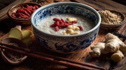 Bowl of rice porridge, garnished with berries and ginger