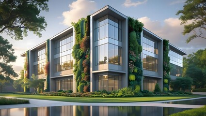 Fototapeta premium Modern architectural building with vertical green walls and reflecting pool