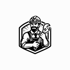 Confident Mechanic with Headlamp Holding Adjustable Wrench in Hexagon Frame.