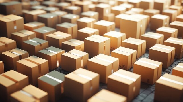 A group of cardboard boxes arranged in a grid pattern on a metal grid with a warm, golden hue.