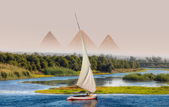 Beautiful Nile scenery with traditional Felluca sailing boat in the Nile on the way to Giza pyramids - Cairo, Egypt