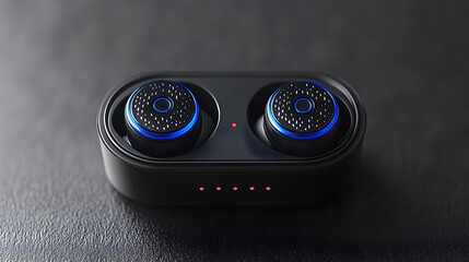 Pair of black wireless earbuds in charging case on dark surface.