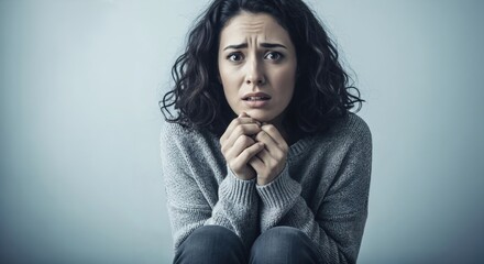Scared young woman looking at the camera with a terrified expression. Frightened and anxious female experiencing panic attack or fear. Mental health and trauma concept.