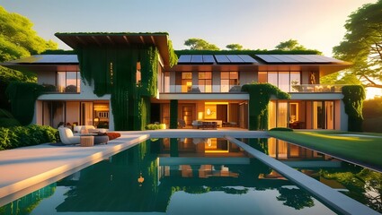 Fototapeta premium Modern luxury home with infinity pool and solar panels at sunset