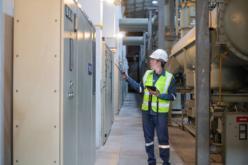 Technician inspects gas insulated switchgear equipment in power station ensuring safety and operational efficiency in industrial environment with focused attention and care