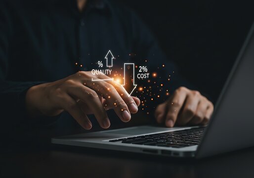 Quality Up, Cost Down &ndash; Conceptual Business Strategy with Digital Arrows Over Laptop Keyboard