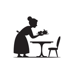 Silhouette of a woman in vintage clothing serving food on a tray to a table with a chair