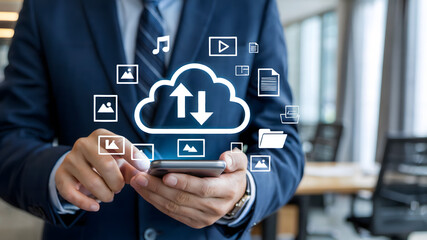 Businessman intuitively managing digital assets and files via cloud technology on his smartphone, showcasing modern data connectivity and efficient workflow.