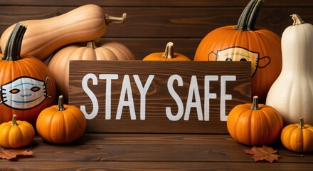 Stay Safe. Festive fall arrangement with pumpkins and gourds. Halloween concept with face masks for public health awareness.