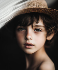 Artistic close-up portrait of a boy with striking eyes and soft facial features, wearing a straw hat against a dark background. Ideal for editorial, emotions, identity, childhood