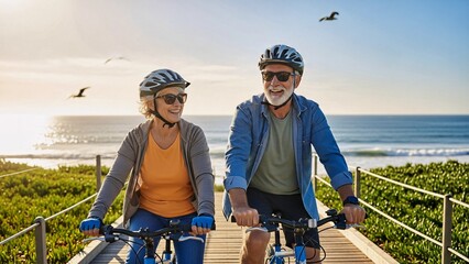 Happy senior couple wearing helmets and sunglasses enjoys a leisurely bike ride along a wooden boardwalk by the beach, embracing an active and fulfilling retirement