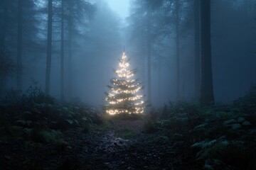 Christmas tree in misty forest