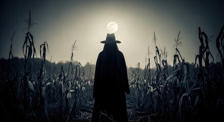 Spooky silhouette of a mysterious figure in a hat and cloak standing in a dark cornfield at night. Horror concept with a full moon.