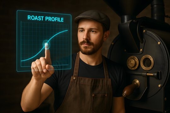 A barista using the advanced digital technology. A modern day coffee professional working in a contemporary coffee shop setting. The image highlights his expertise in the process of coffee roasting.