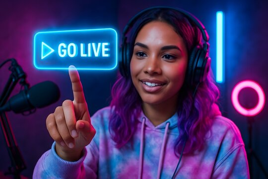 A young woman streams live content with enthusiasm, pointing to the GO LIVE button, lit in neon. She's wearing headphones and sitting near a microphone