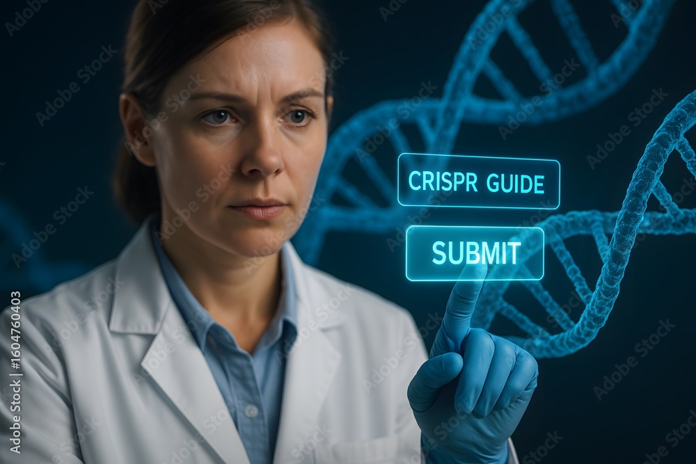Poster a scientist is working with a 3d dna model, with a 'crispr guide' interface