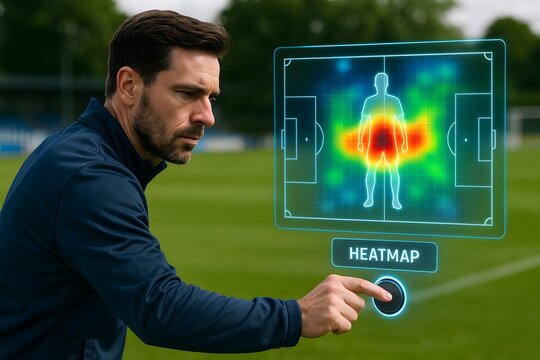 A soccer coach using a heatmap technology to analyze the team's performance on the field