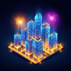 Futuristic cityscape with glowing skyscrapers and vibrant fireworks lighting up the night sky in a digital, neon style