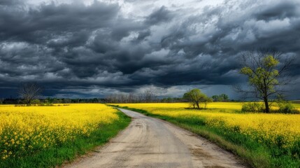 The winding road through vibrant yellow fields under moody storm clouds
