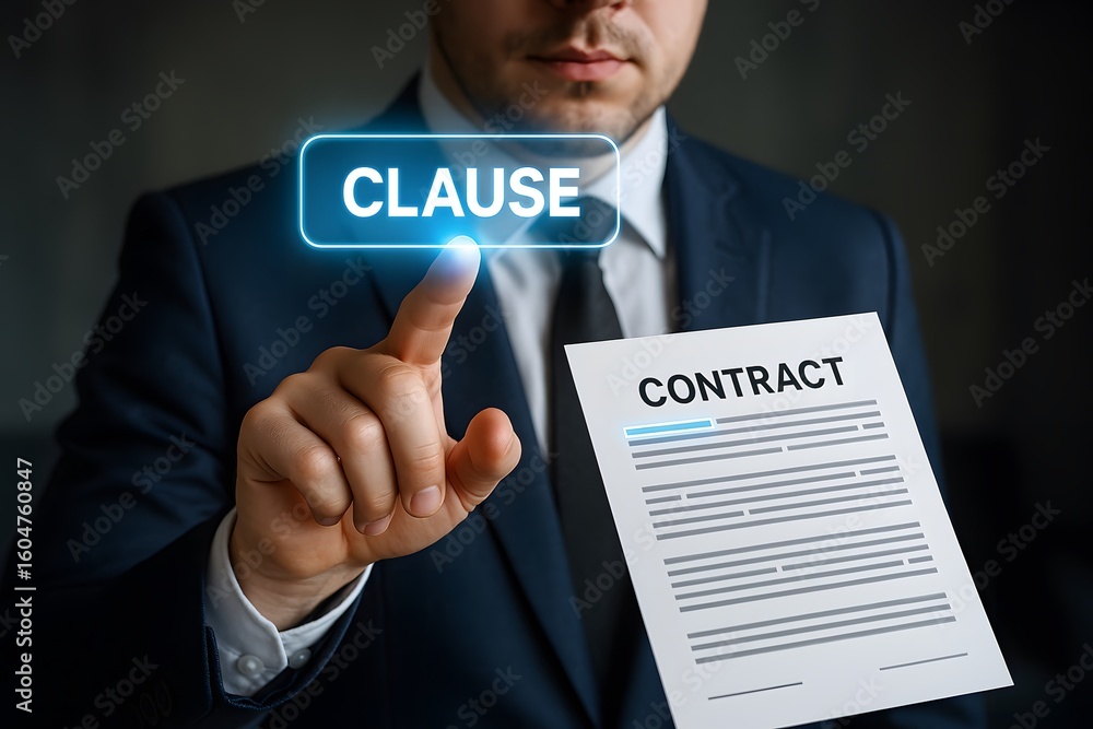 Poster a businessperson touching a clause button while holding a contract