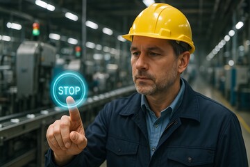 An industrial worker pressing the glowing stop button in a manufacturing facility