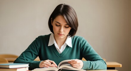 Young female student studying at a desk in a classroom. Focused caucasian woman reading a book for education or research.