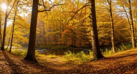 Beautiful Autumn Forest Scene with a Winding River. Sunlight streams through the golden yellow trees creating a peaceful atmosphere.