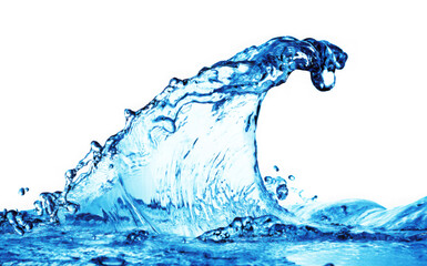Dynamic blue water splash frozen in motion creating a powerful wave shape isolated on transparent...