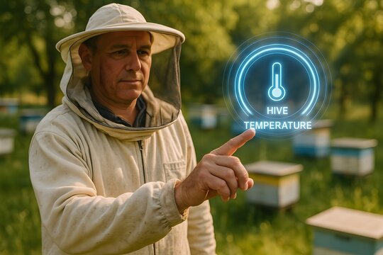 A beekeeper monitoring the temperature of beehives, showcasing modern beekeeping practices. The man, wearing protective gear, interacts with a digital overlay displaying hive temperature information - Powered by Adobe